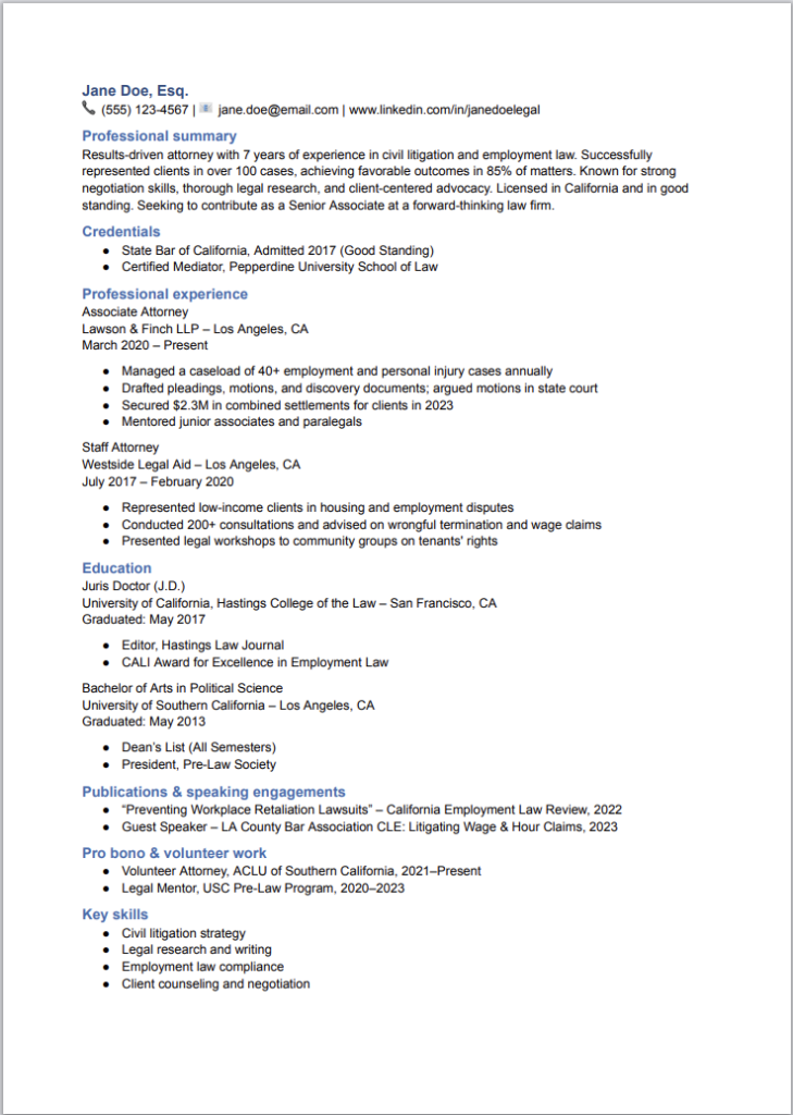 Legal resume template for lawyers